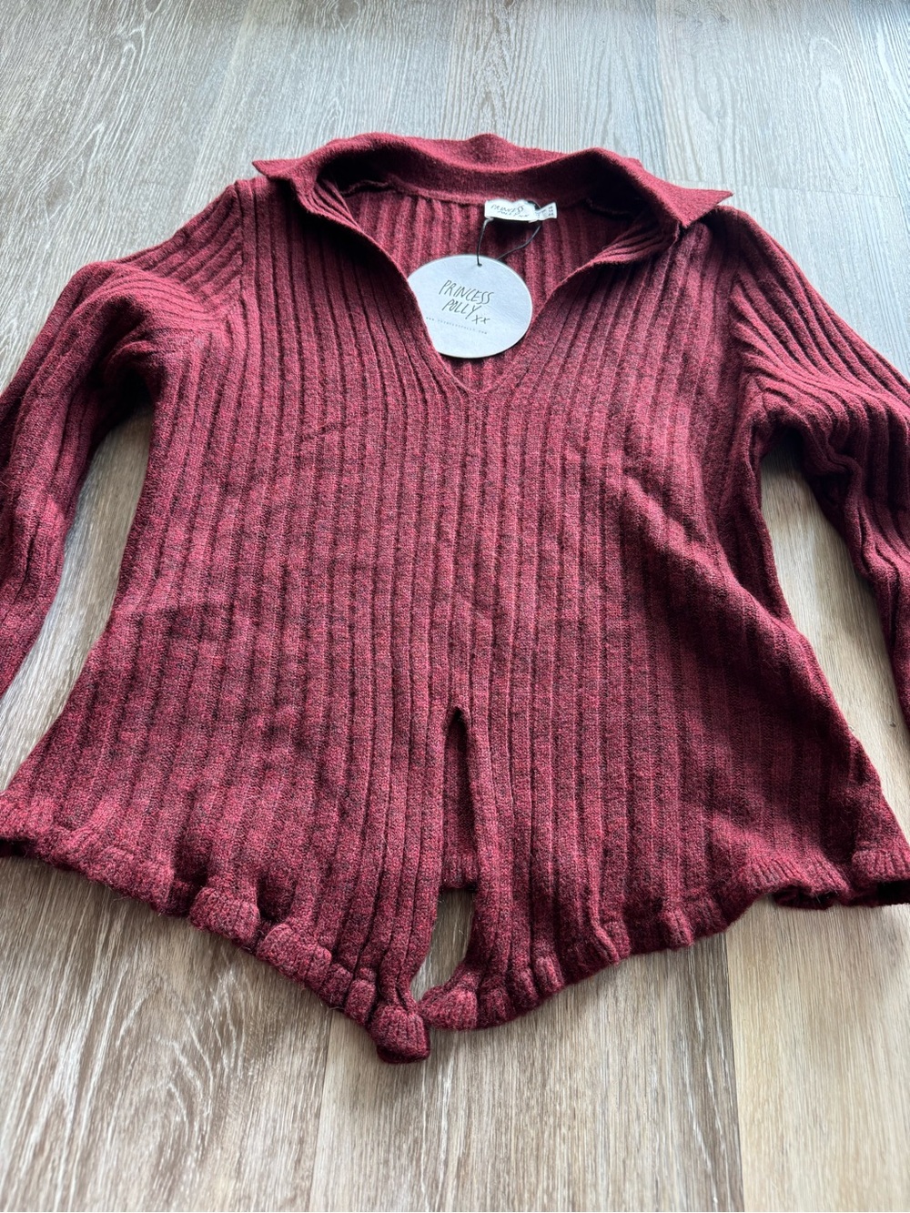 NWT Princess Polly Burgundy Ribbed Collared Sweater Top | Y2K Coquette - Picture 6 of 11